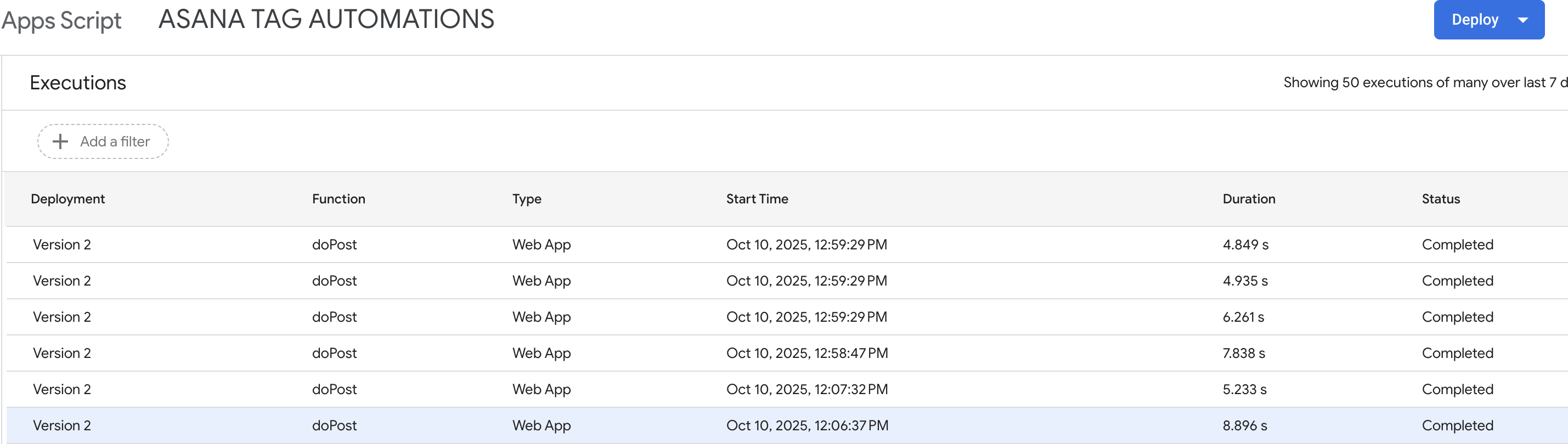 Google Apps Script execution logs showing fast completion times